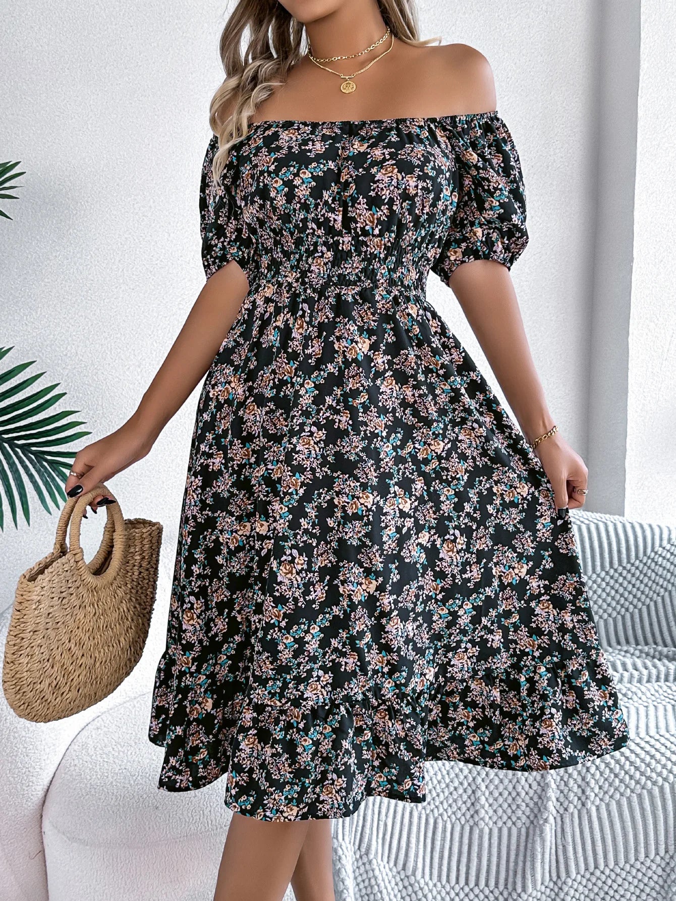 Women's Floral 3D Print Square Neck Dress